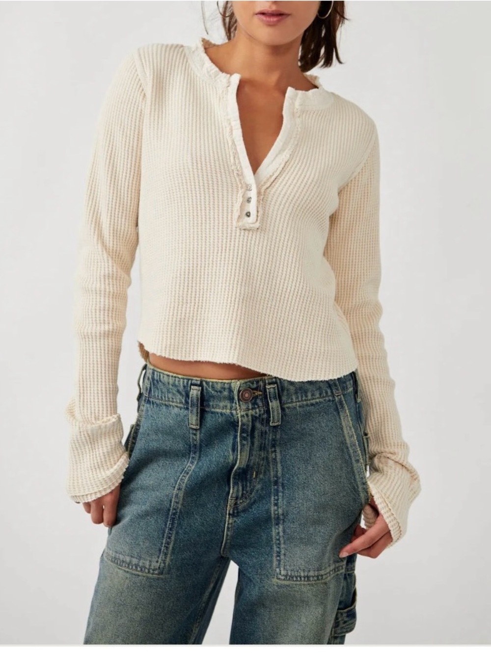 Free People Gray Cropped Waffle Henley